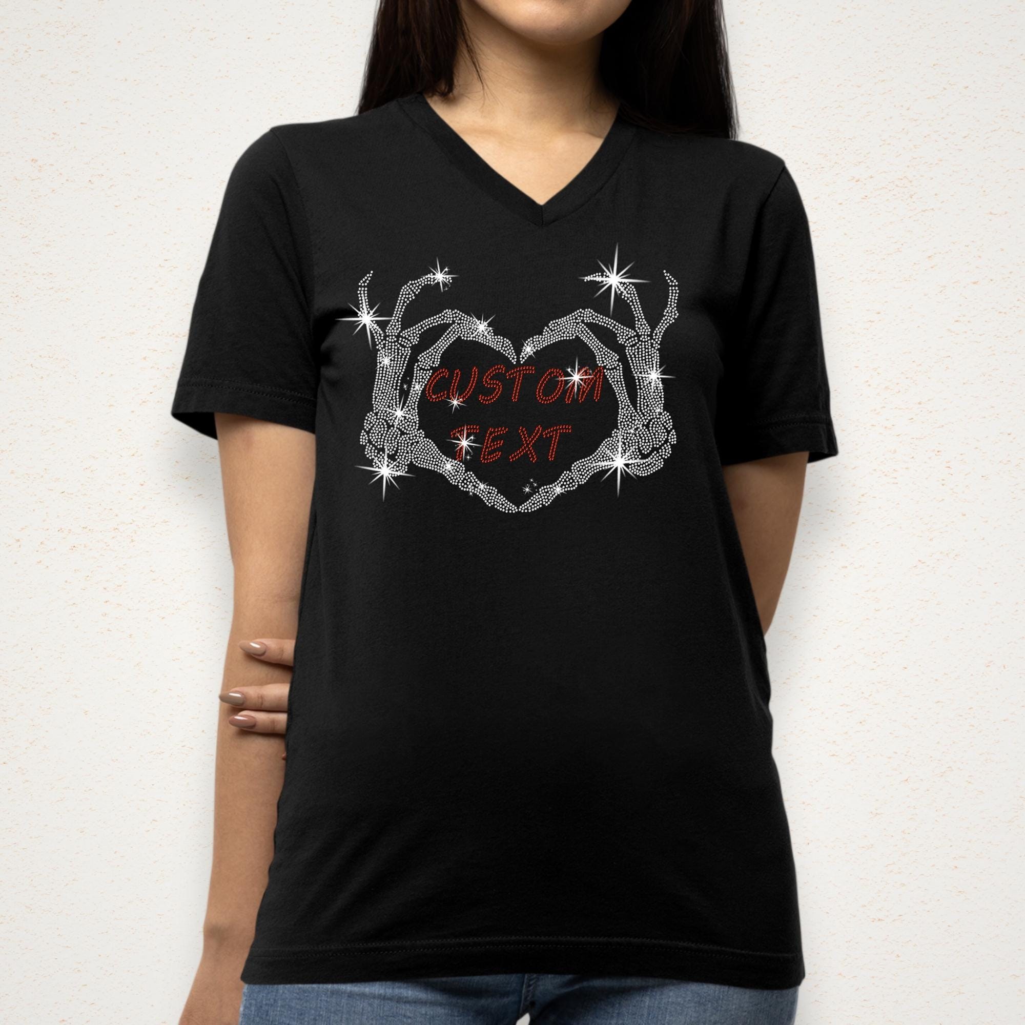 Custom Rhinestone Skeleton Heart Hands Shirt: Sparkle Gothic Halloween Tee