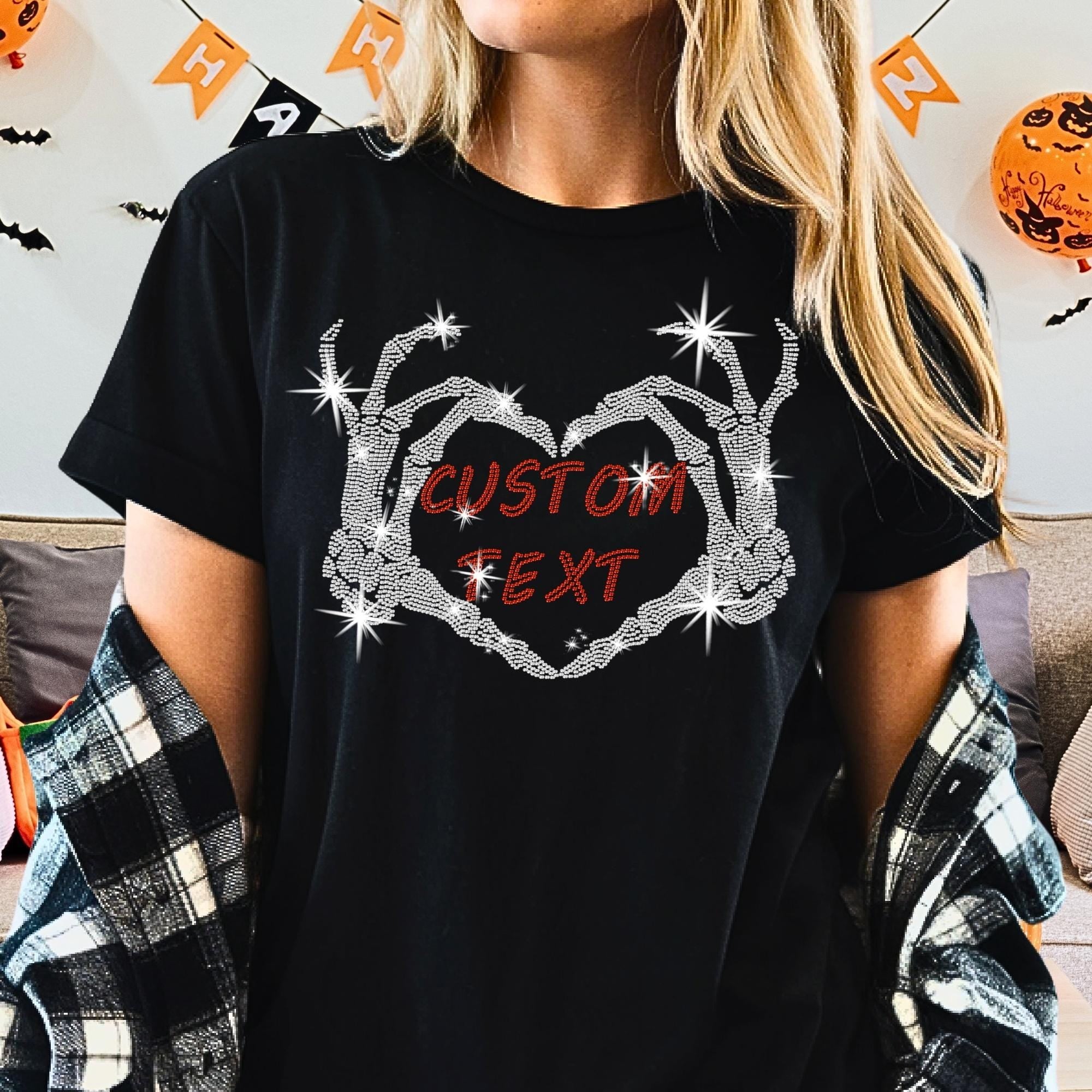Custom Rhinestone Skeleton Heart Hands Shirt: Sparkle Gothic Halloween Tee Main image