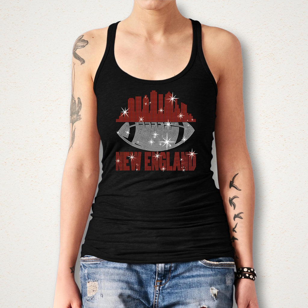 New England Rhinestone Football Fan T-Shirt: Sparkling Game Day Tee