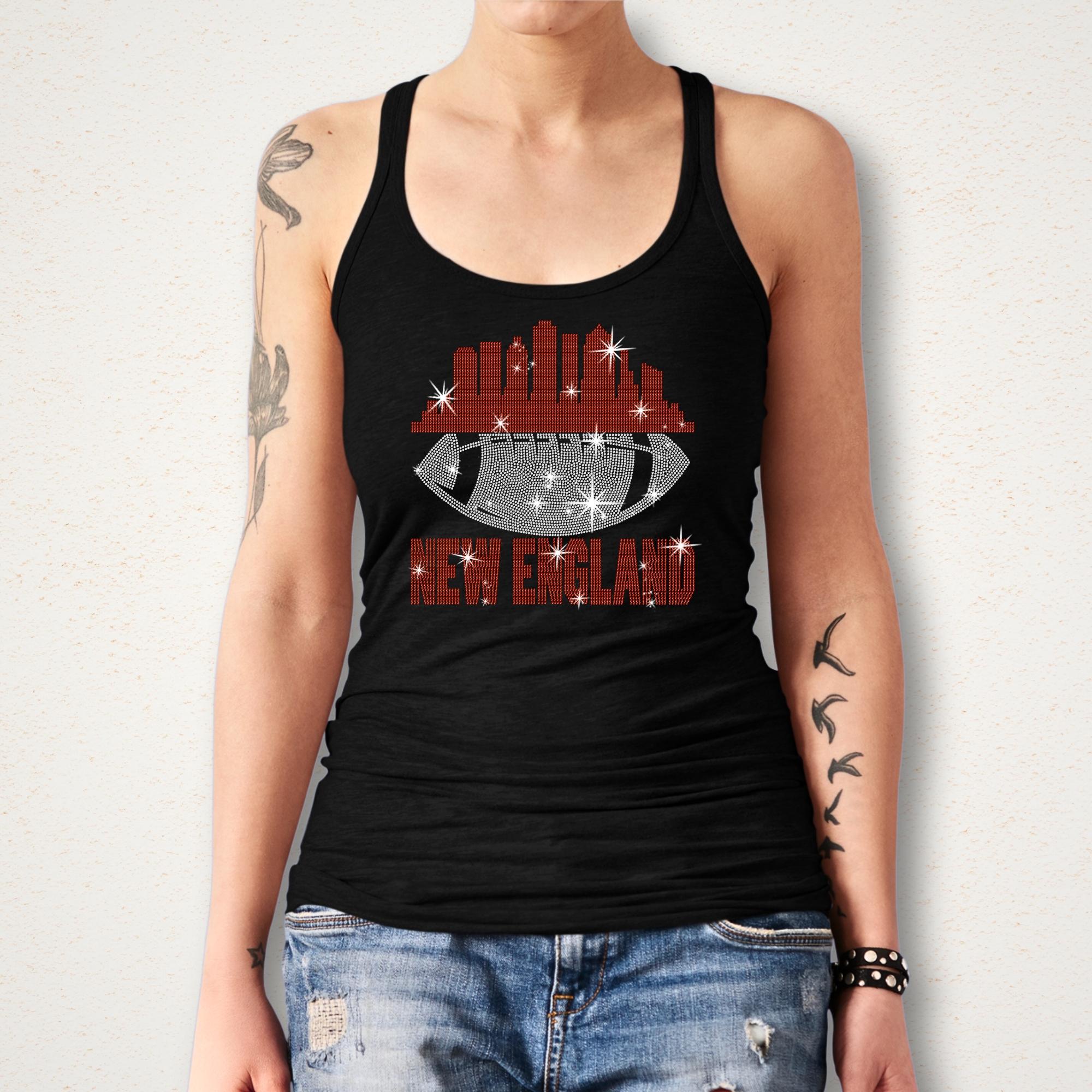 New England Rhinestone Football Fan T-Shirt: Sparkling Game Day Tee