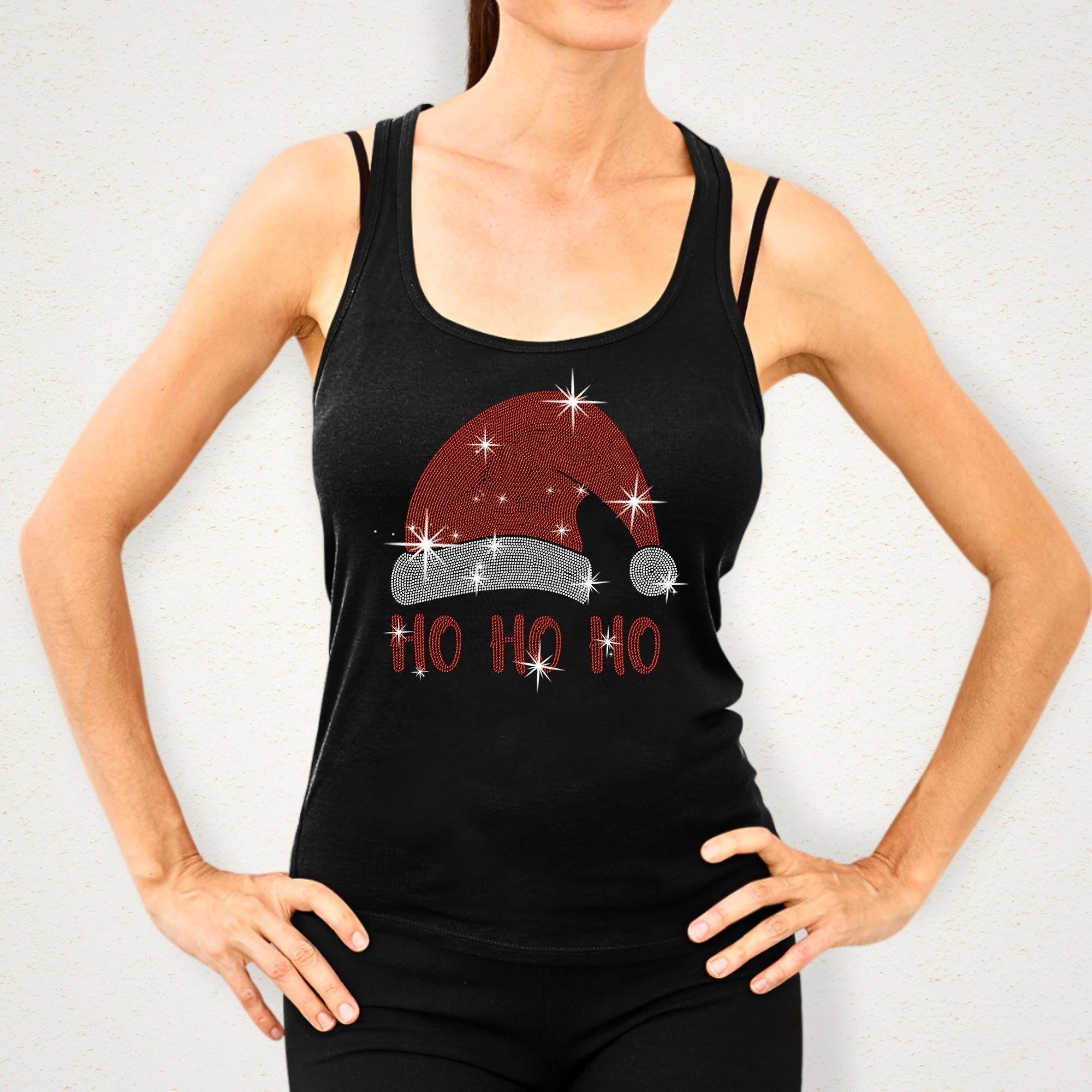 Ho Ho Ho Santa Hat Rhinestone Shirt: Christmas Holiday Bling Tee