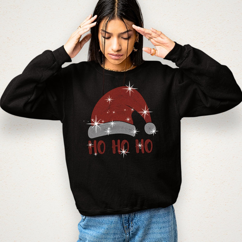 Ho Ho Ho Santa Hat Rhinestone Shirt: Christmas Holiday Bling Tee