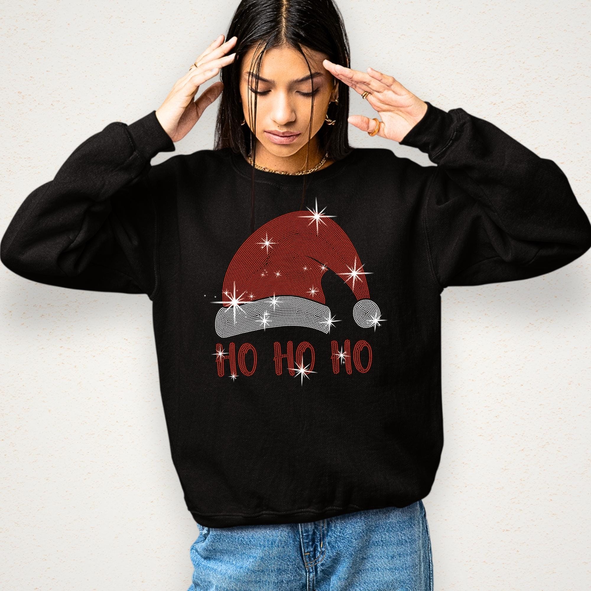 Ho Ho Ho Santa Hat Rhinestone Shirt: Christmas Holiday Bling Tee