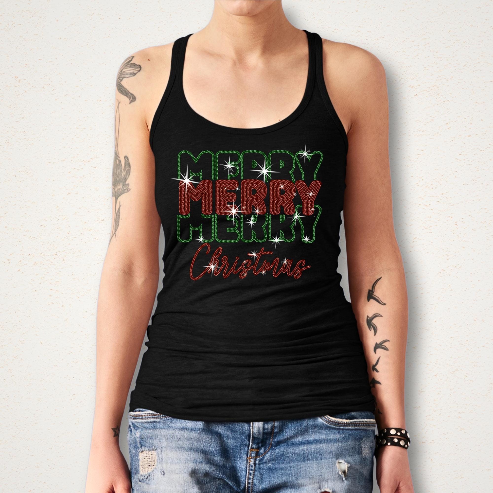 Merry Christmas Rhinestone T-Shirt: Women's Xmas Sparkle Shirt
