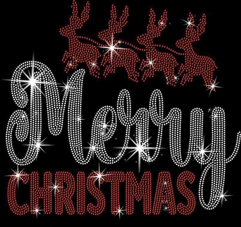 Merry Christmas Reindeers Rhinestone Tee: Xmas Shirt with Santa Claus Riding Reindeers