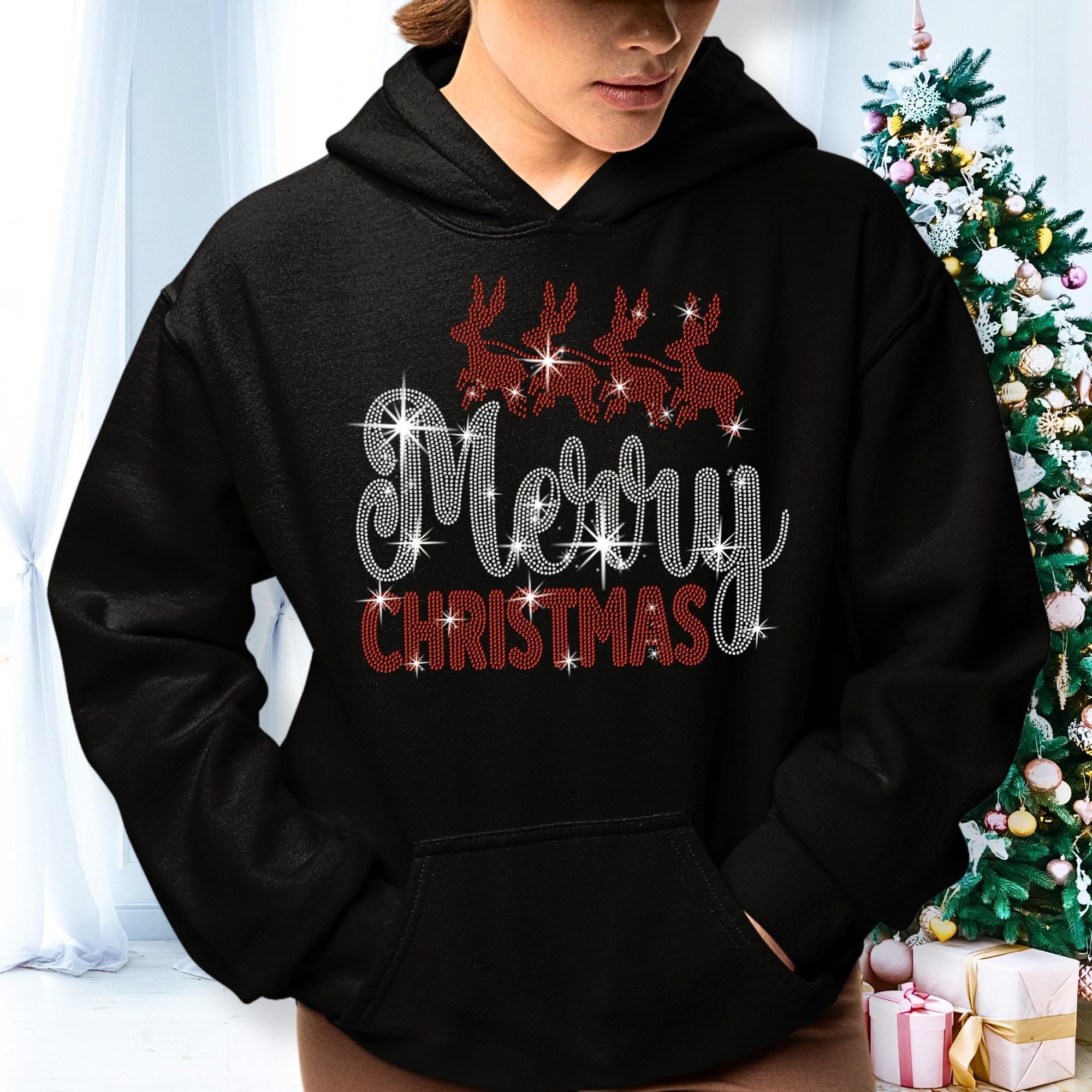 Merry Christmas Reindeers Rhinestone Tee: Xmas Shirt with Santa Claus Riding Reindeers Secondary image
