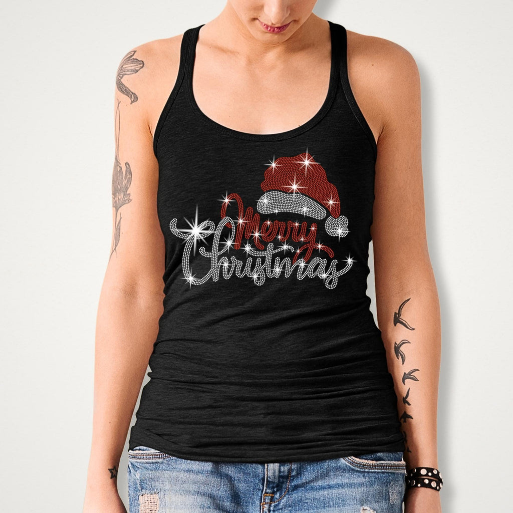 Santa Hat Merry Christmas Rhinestone Shirt: Bling Christmas Party Tee for Women