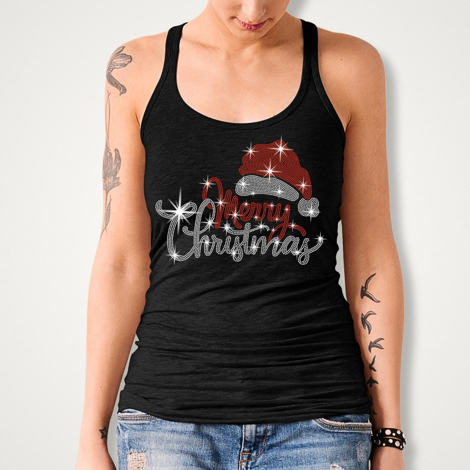 Santa Hat Merry Christmas Rhinestone Shirt: Bling Christmas Party Tee for Women