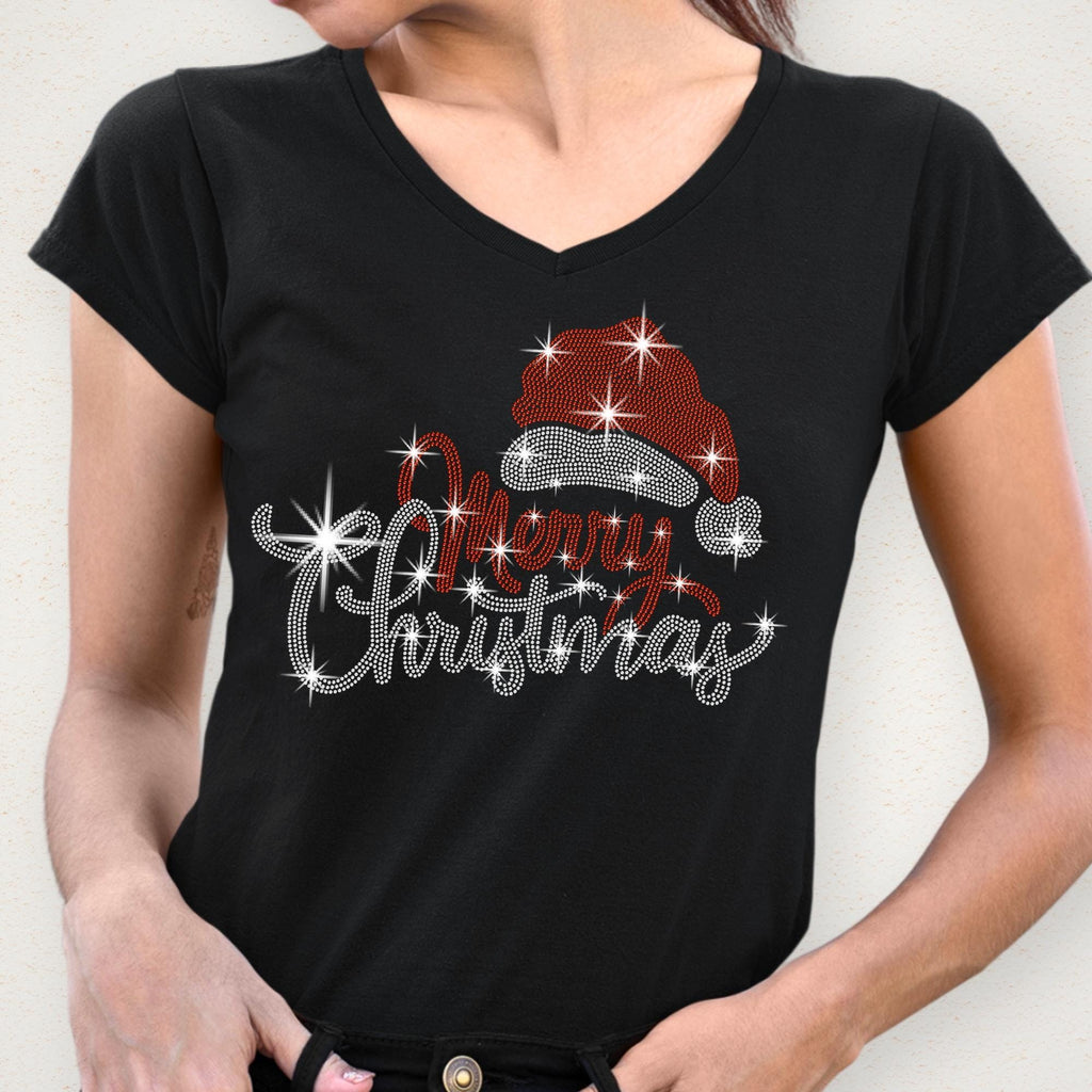 Santa Hat Merry Christmas Rhinestone Shirt: Bling Christmas Party Tee for Women