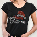 Santa Hat Merry Christmas Rhinestone Shirt: Bling Christmas Party Tee for Women
