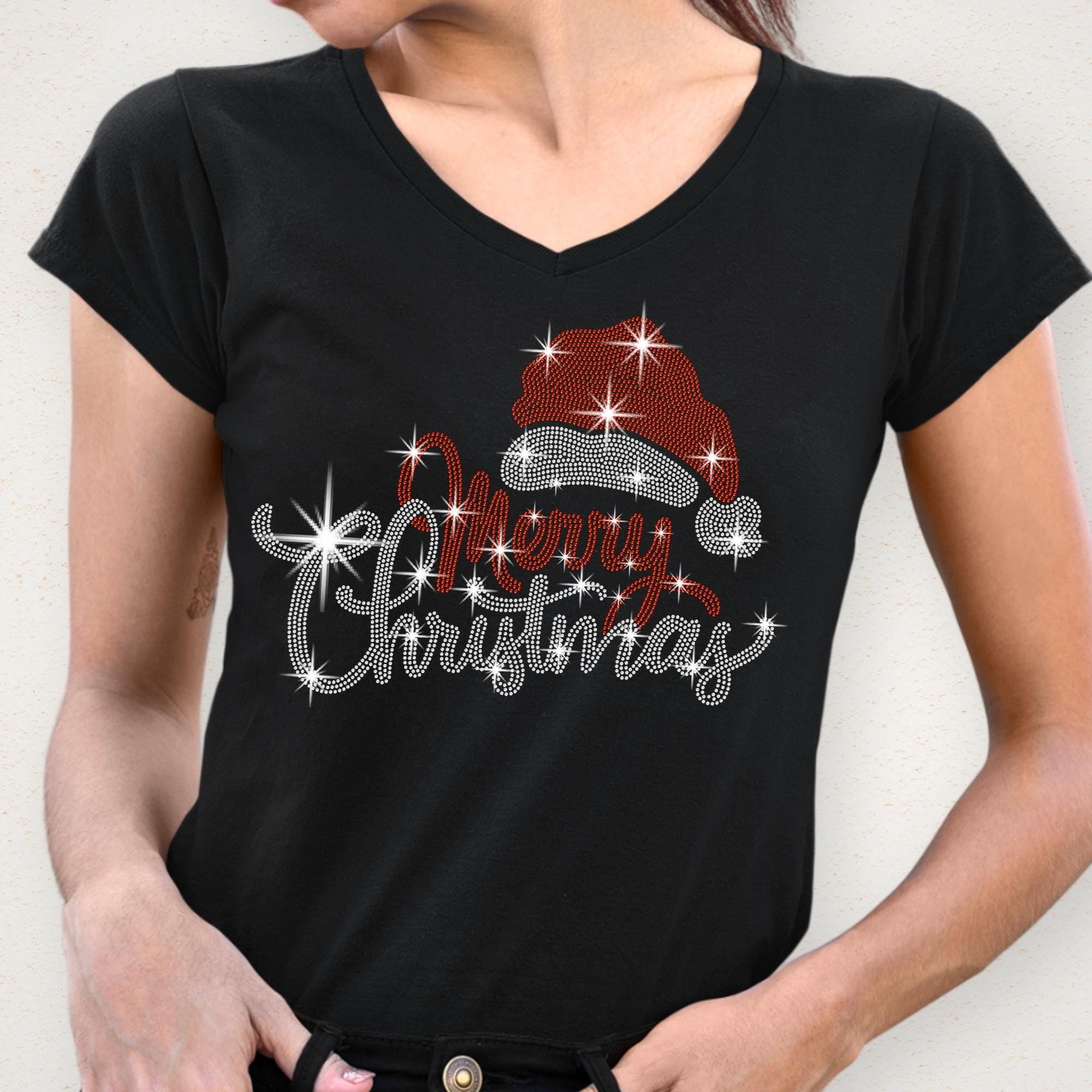 Santa Hat Merry Christmas Rhinestone Shirt: Bling Christmas Party Tee for Women