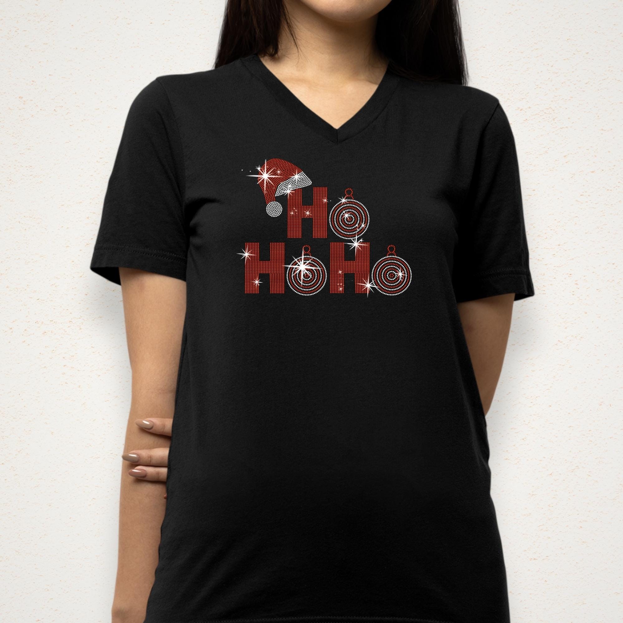 Santa Ho Ho Ho Rhinestone T-shirt, Christmas Gift Hoodie: Sparkle Retro Christmas Shirt
