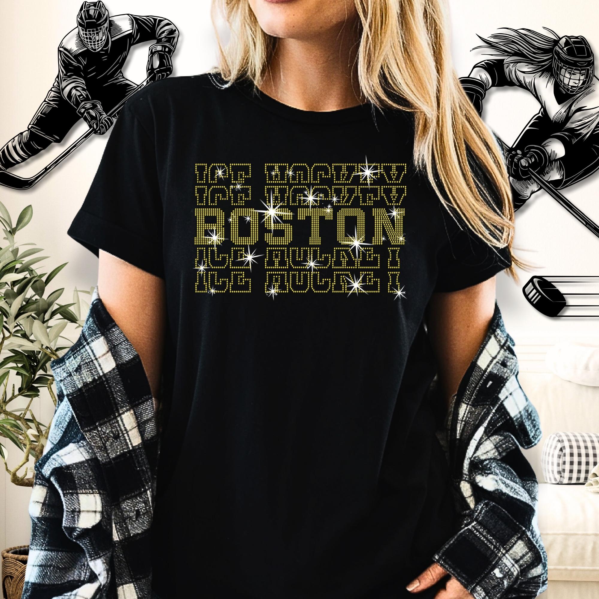 Boston Ice Hockey Rhinestone Shirt: Bling Hockey Game Day Apparel