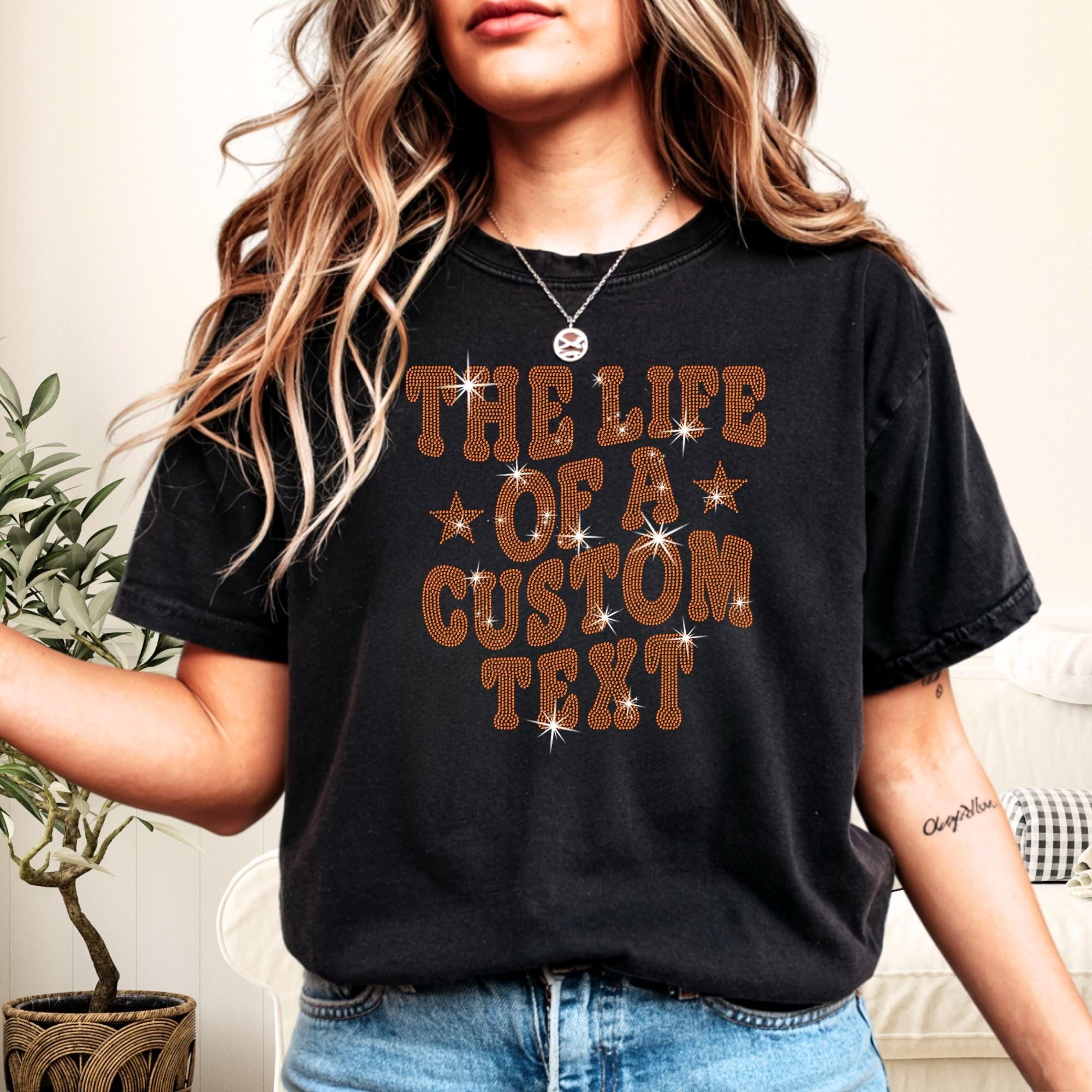 Personalized the Life of a Custom Text Rhinestone Shirt: Mom Squad Bling Concert Tee Main image
