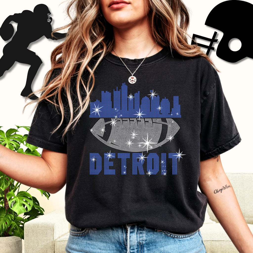 Detroit Rhinestone Football T-Shirt: Game Day Tailgate Tee