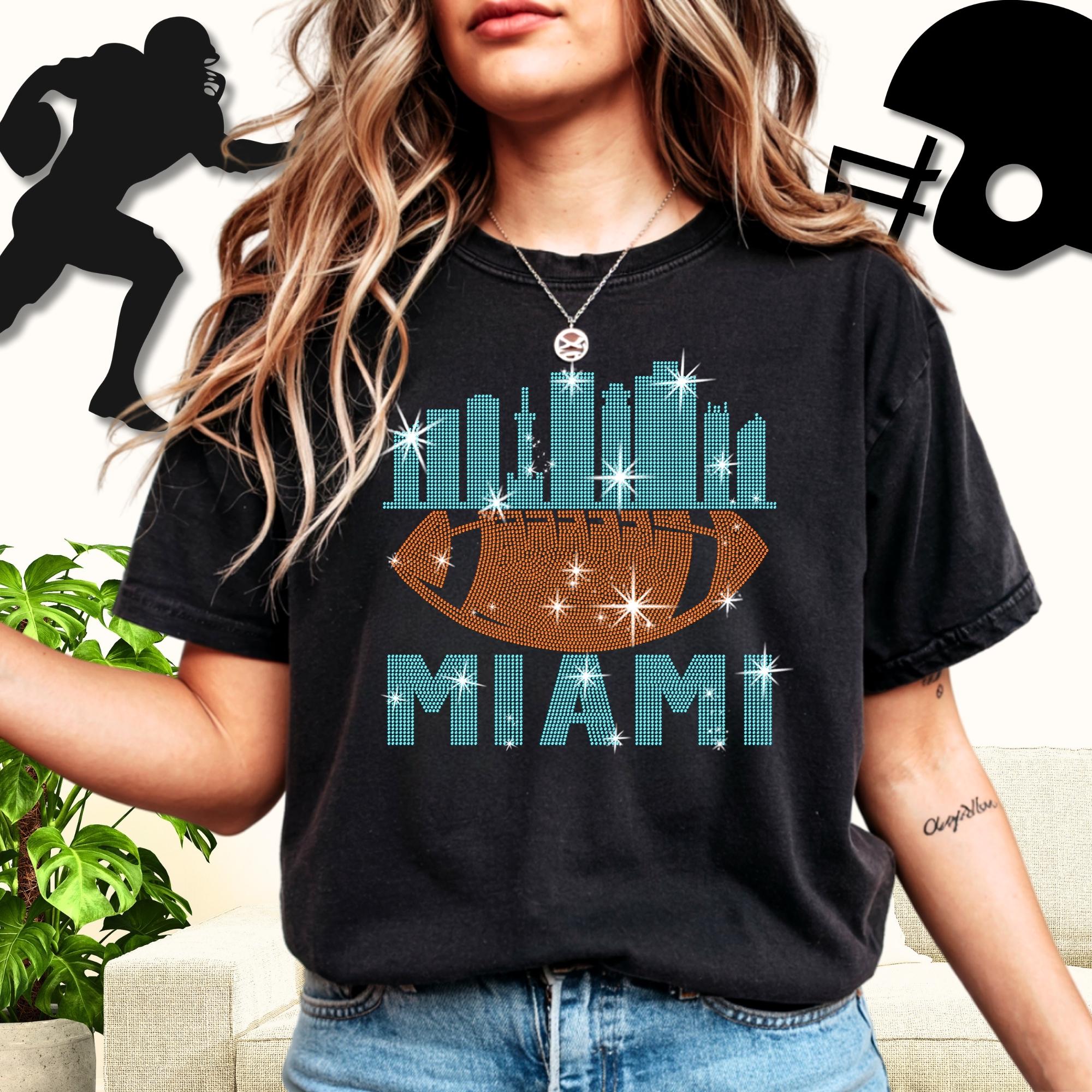 Miami Rhinestone Football Tee: Sparkling Game Day Shirt