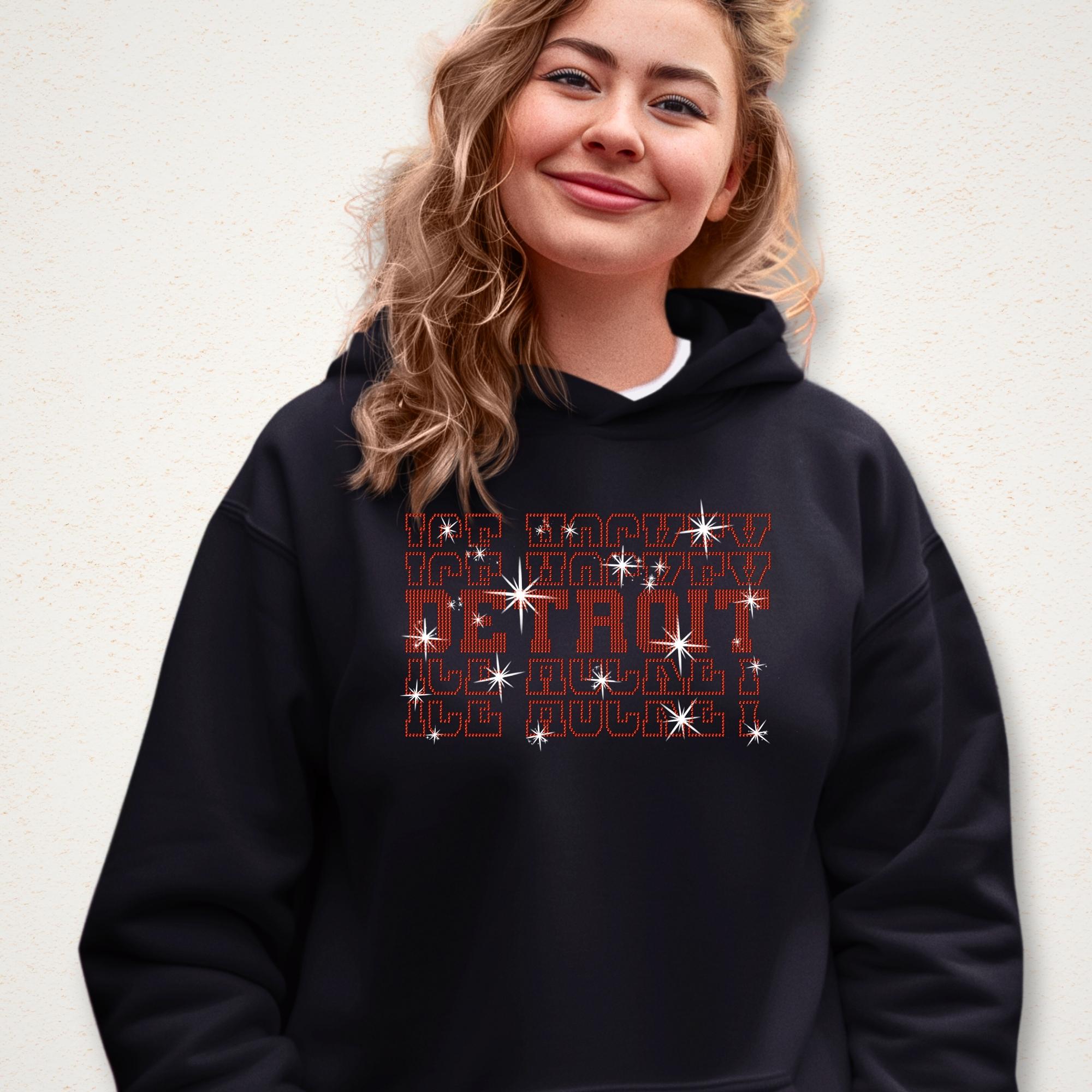 Detroit Ice Hockey Rhinestone Shirt: Hockey Team Fans Sparkle Tee