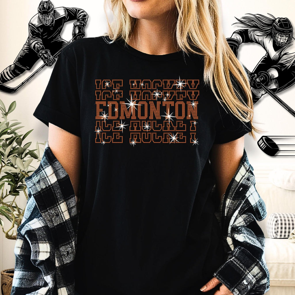 Edmonton Ice Hockey Rhinestone Shirt: Hockey Game Day Bling Tee