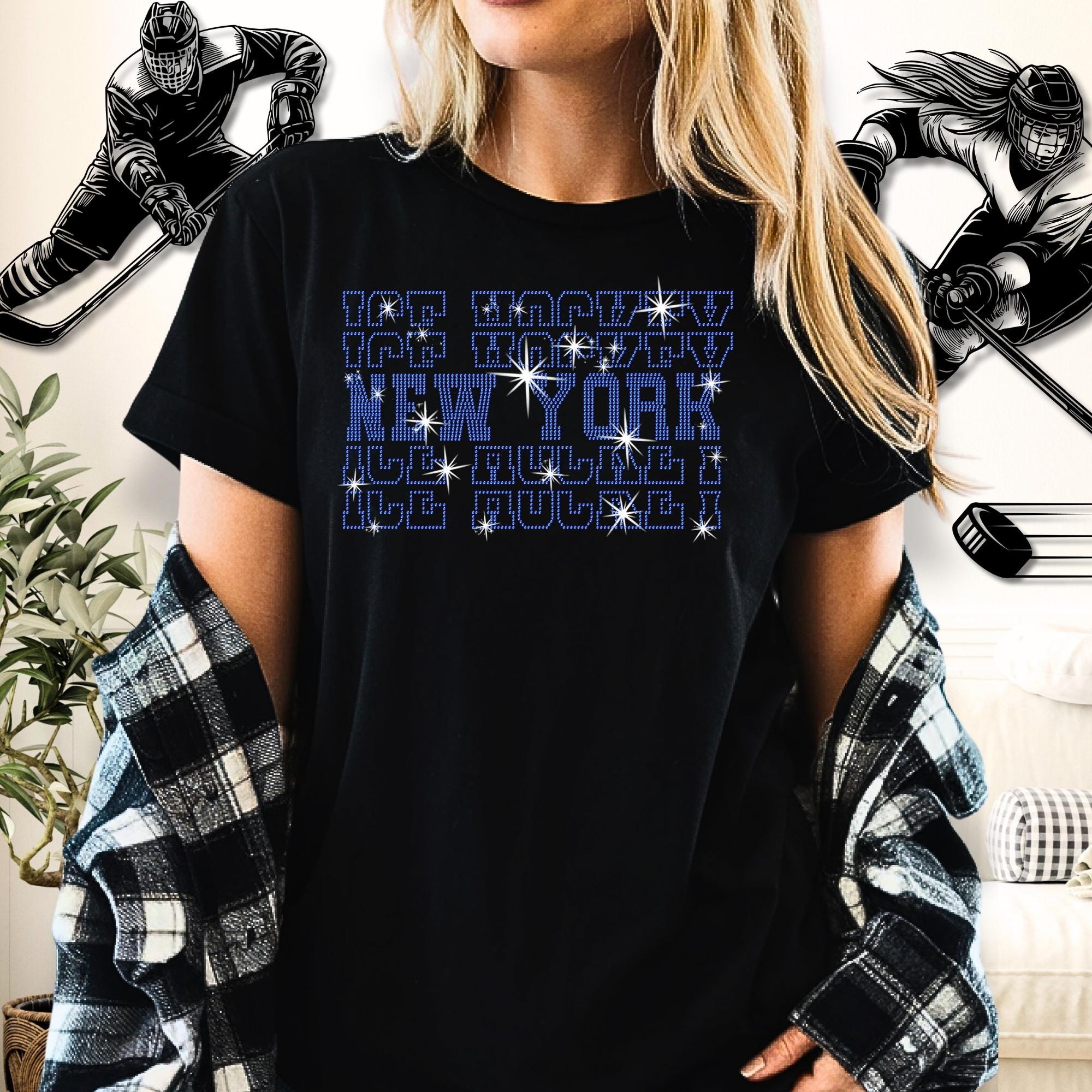 New York Ice Hockey Rhinestone Shirt: Sparkle Hockey Sports Lover Tee