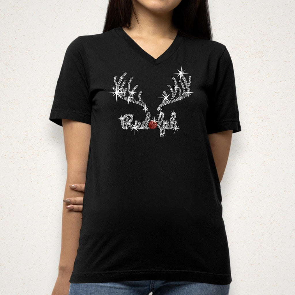 Rudolph Christmas Rhinestone Shirt: Sparkly Women's Holiday T-Shirt, Holiday Gifts