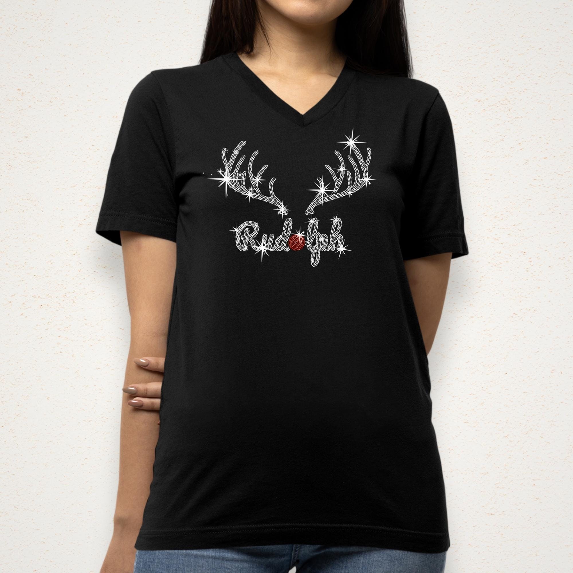 Rudolph Christmas Rhinestone Shirt: Sparkly Women's Holiday T-Shirt, Holiday Gifts