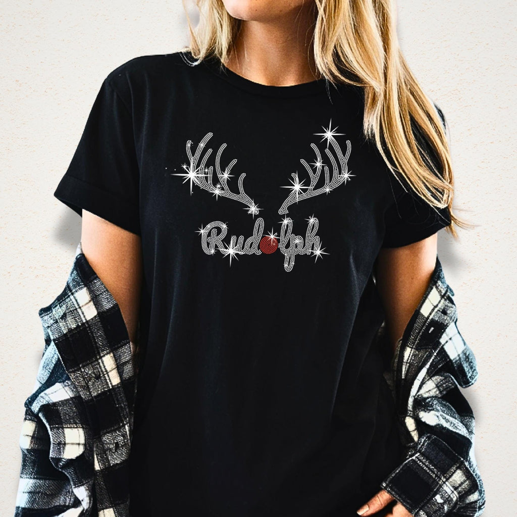 Rudolph Christmas Rhinestone Shirt: Sparkly Women's Holiday T-Shirt, Holiday Gifts