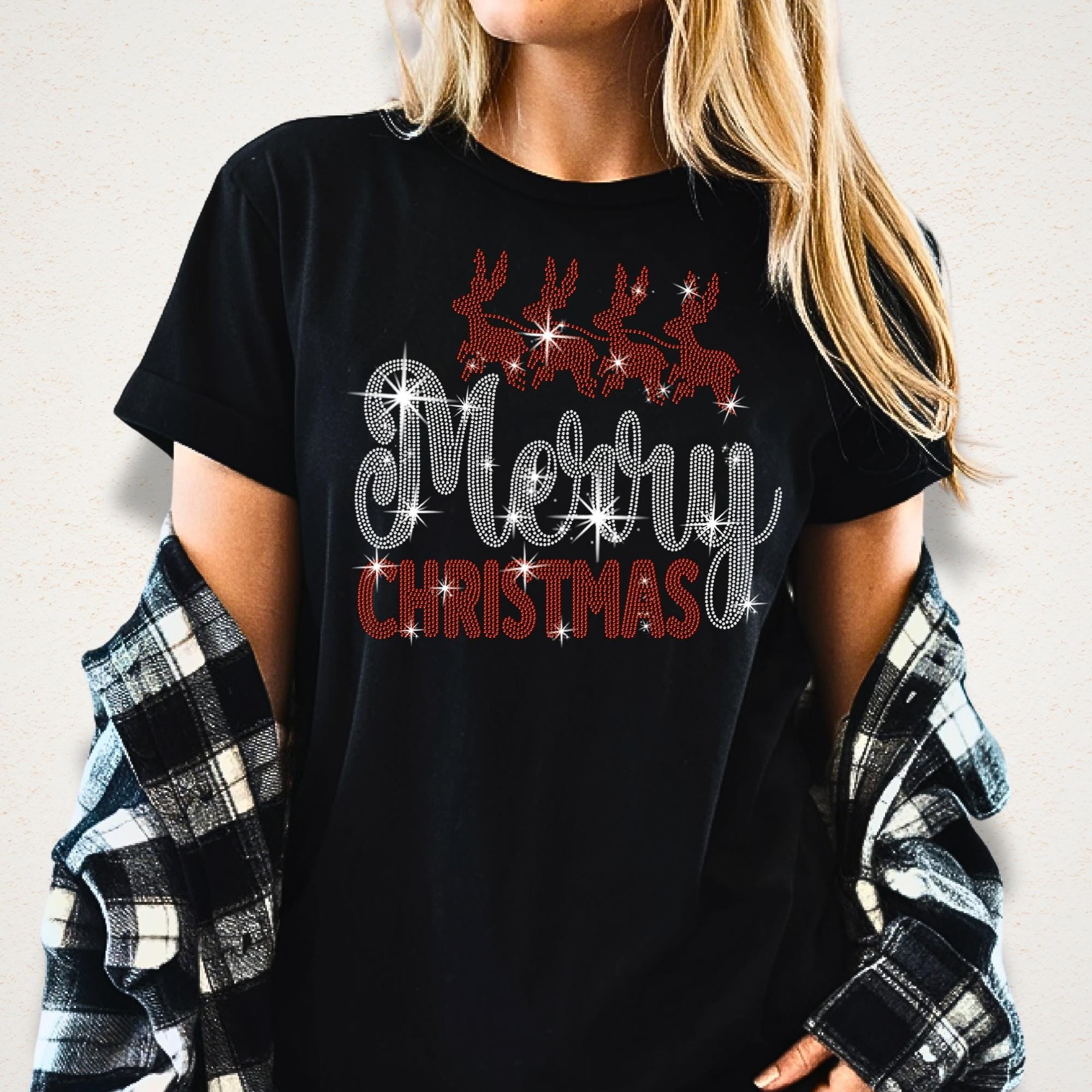 Merry Christmas Reindeers Rhinestone Tee: Xmas Shirt with Santa Claus Riding Reindeers Main image