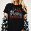Merry Christmas Reindeers Rhinestone Tee: Xmas Shirt with Santa Claus Riding Reindeers