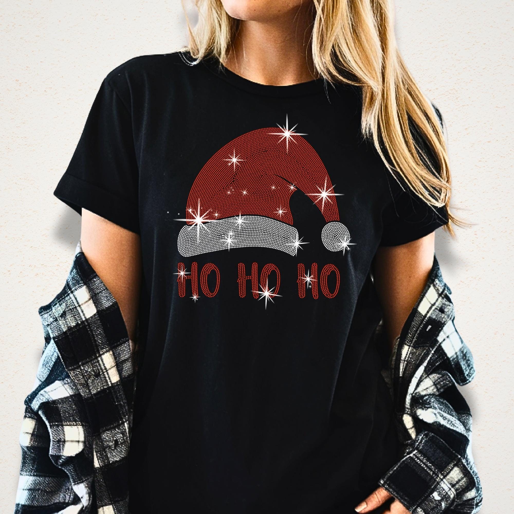 Ho Ho Ho Santa Hat Rhinestone Shirt: Christmas Holiday Bling Tee