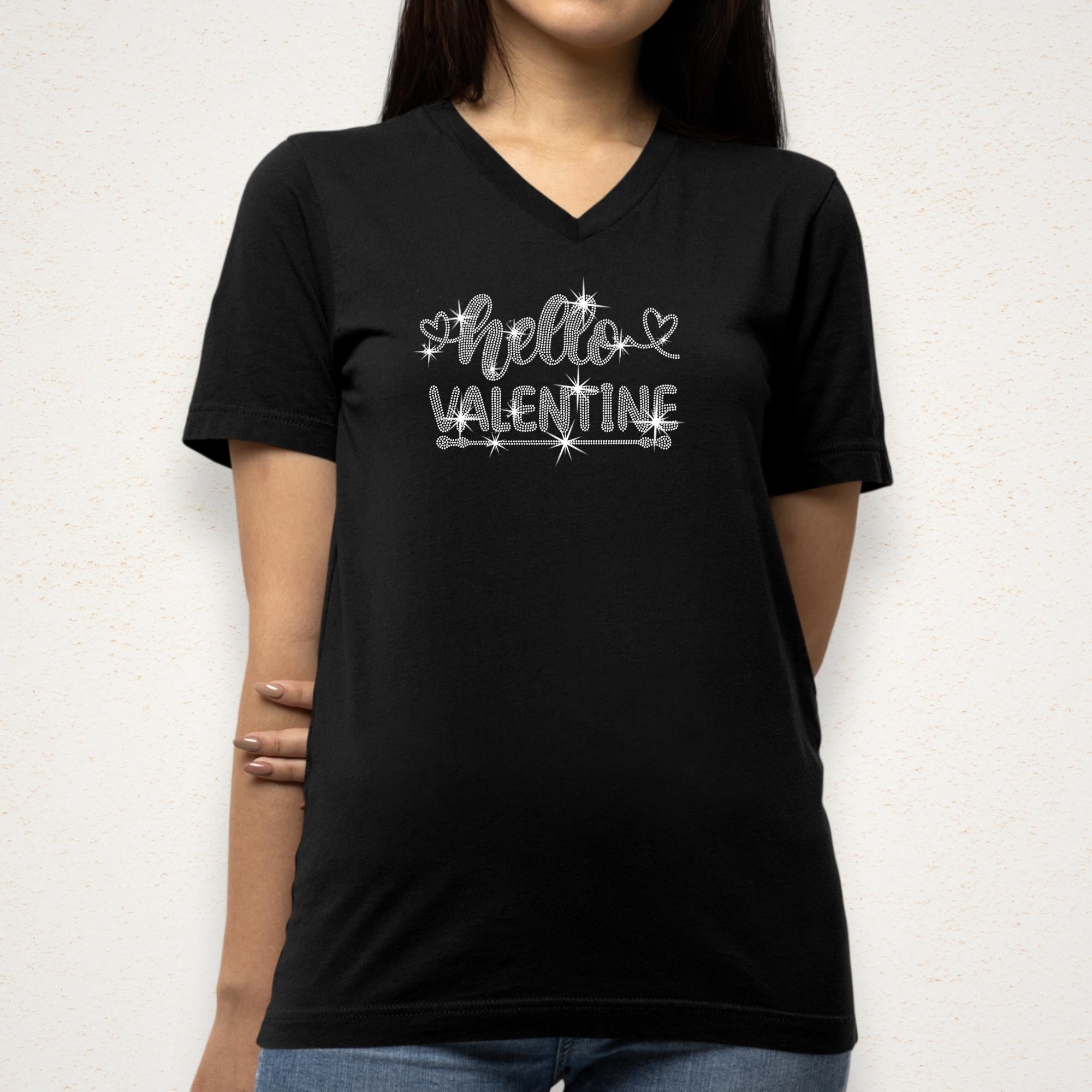 Hello Valentine Rhinestone Shirt: Romantic Lovers Sweatshirt for Her