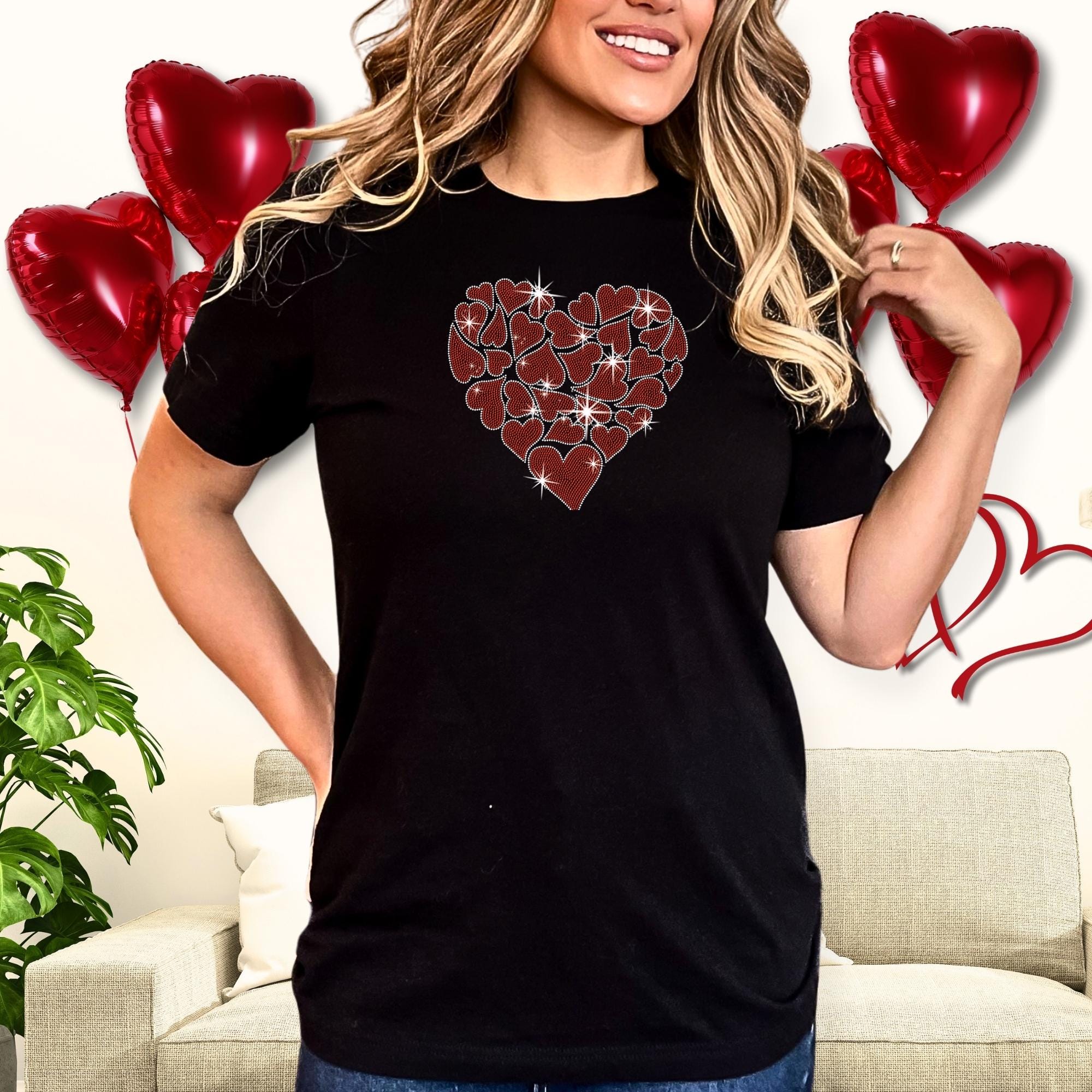 Little Hearts in Heart Shaped Rhinestone Shirt: Couples Valentine Sweatshirt Gift Main image