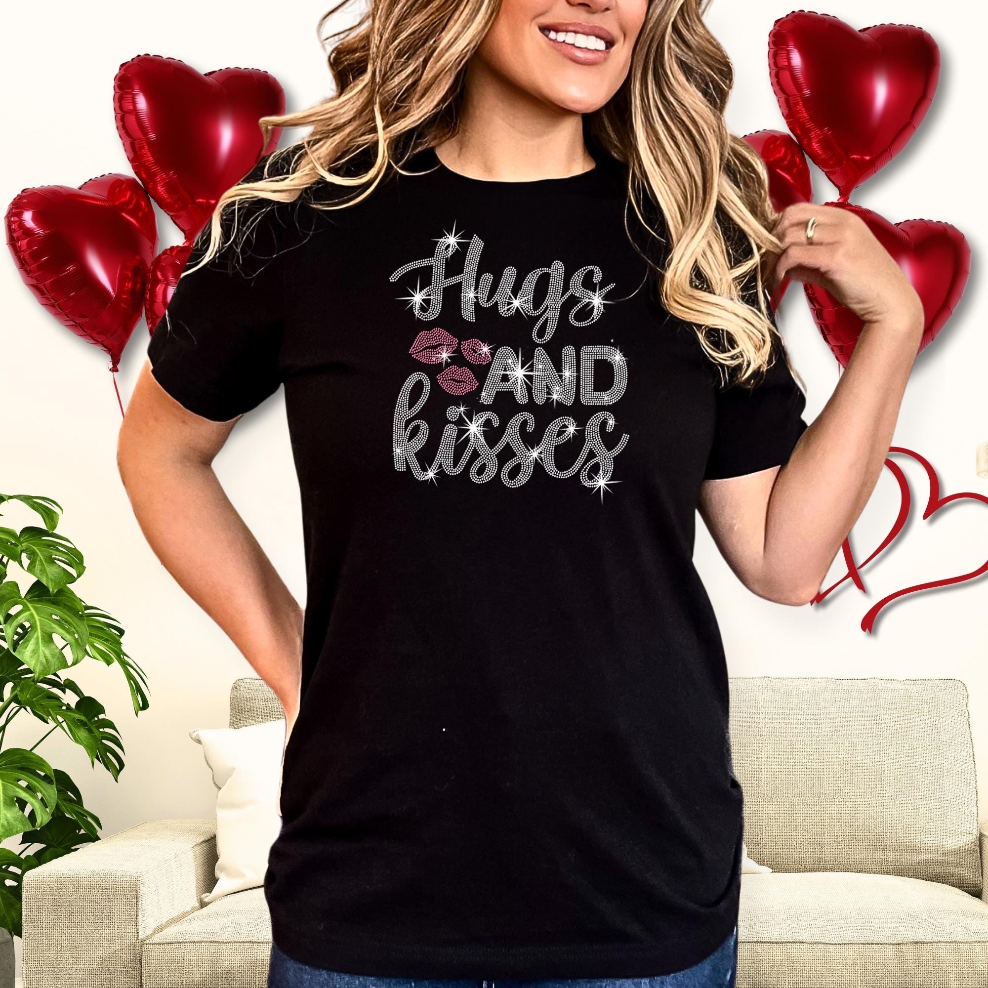 Hugs and Kisses Valentine's Day Rhinestone Shirt: Lovers Matching Bling Tee