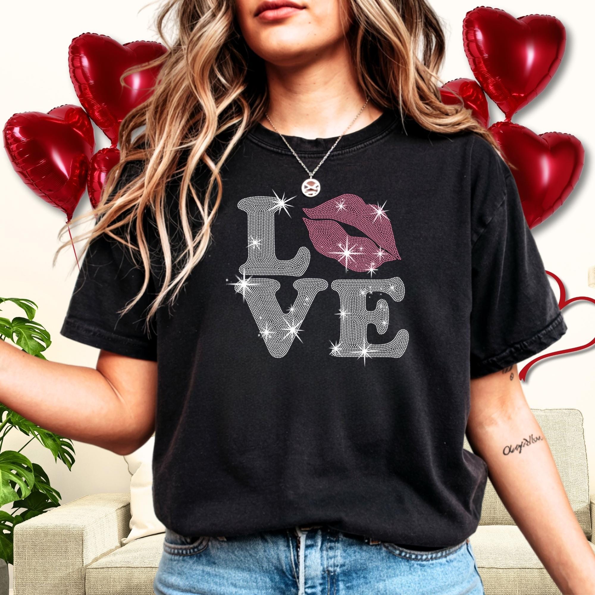 Love with Lips Rhinestone Shirt: Retro Trendy Love Tee Main image