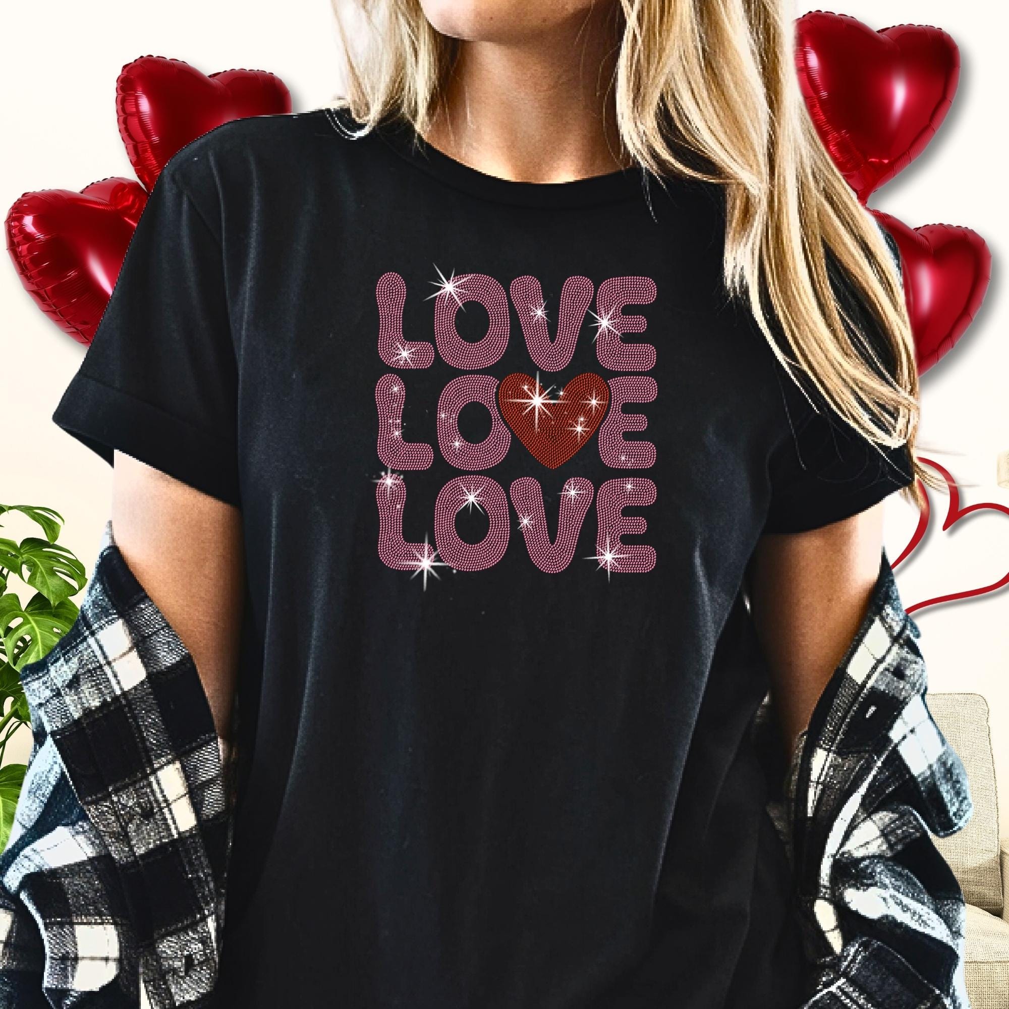 Love with Heart Rhinestone Shirt: Valentine's Day Sweatshirt for Women