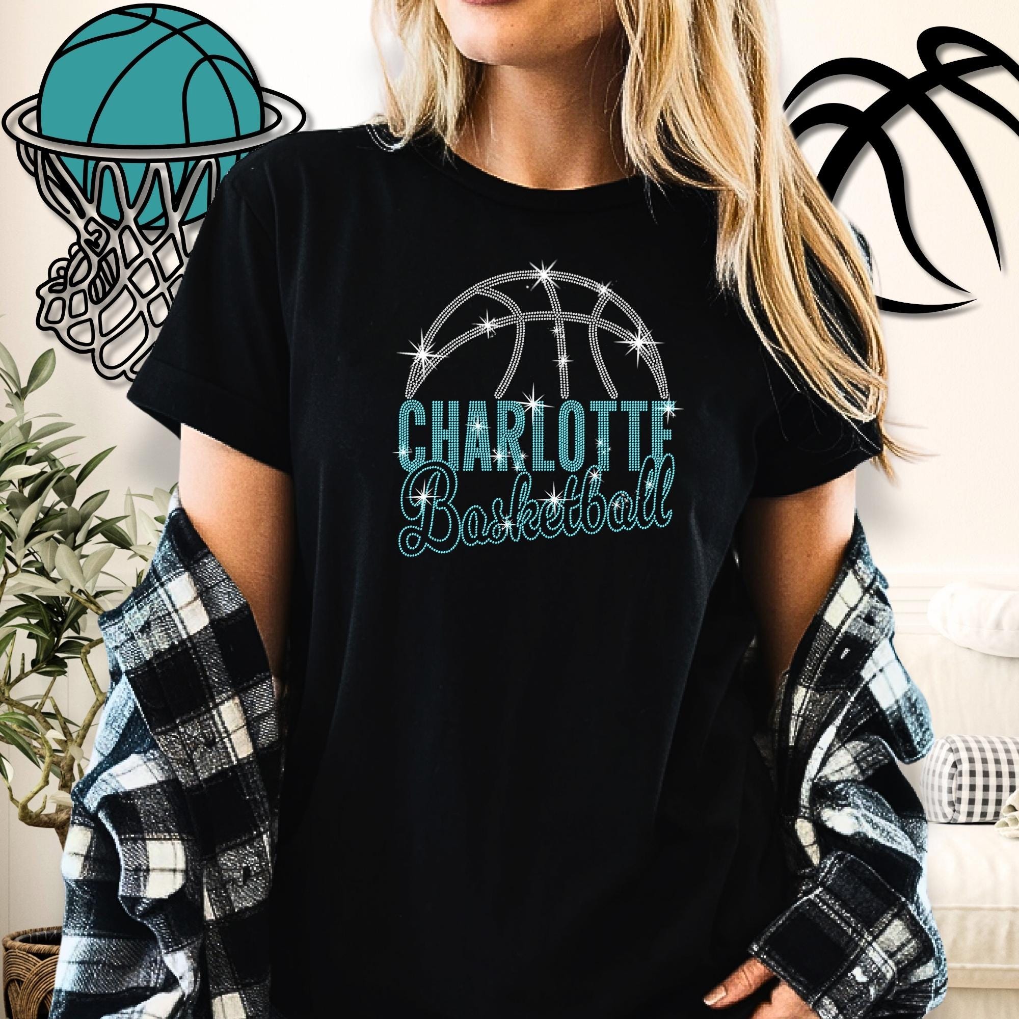 Charlotte Basketball Rhinestone Shirt: Basketball Retro Team Mascot Tee
