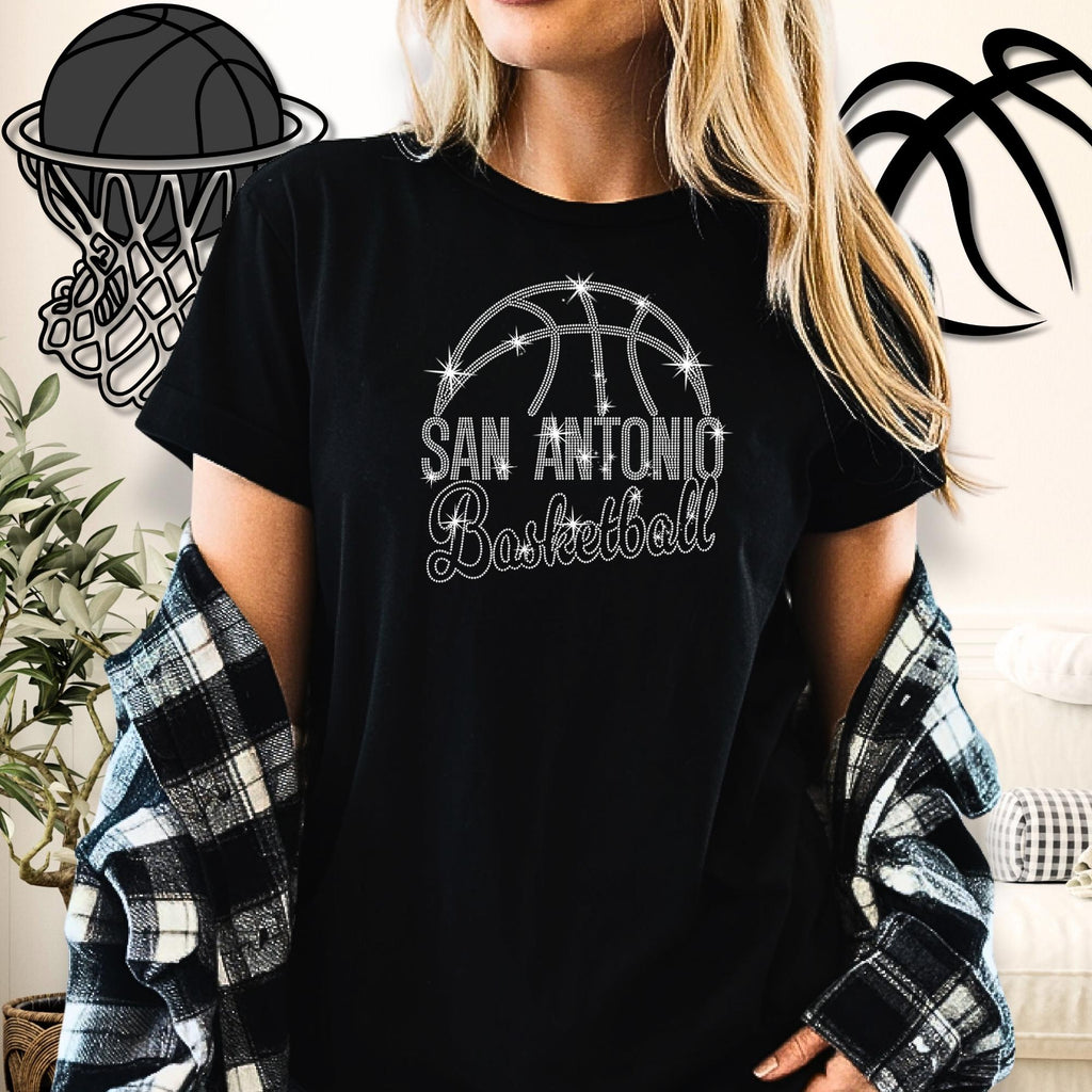 San Antonio Basketball Rhinestone Shirt: Trendy Basketball Game Day Bling Apparel