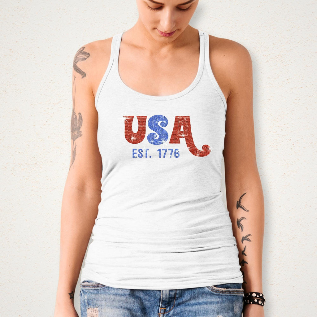 USA Est 1776 Rhinestone T-Shirt: Patriotic 4th of July Tee