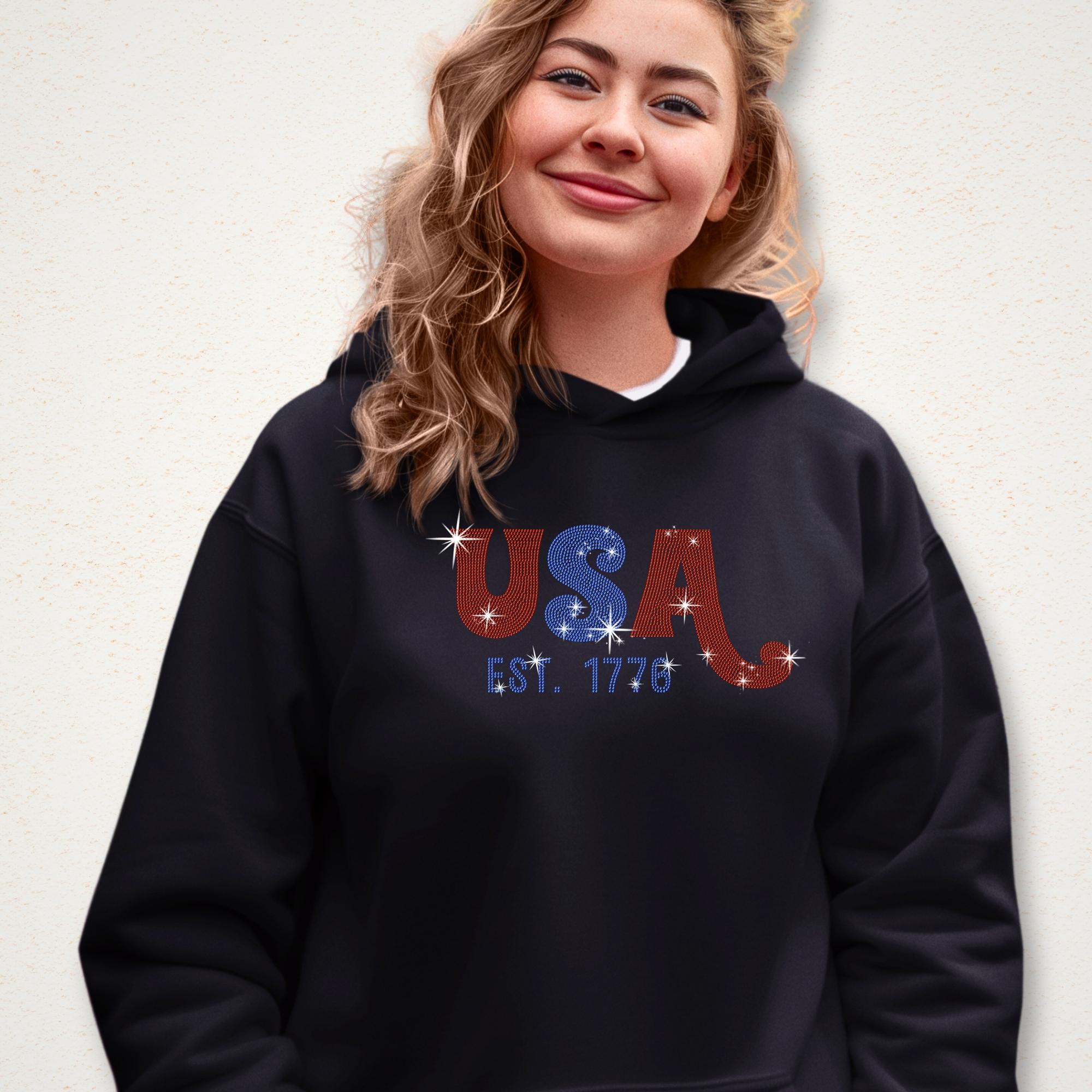 USA Est 1776 Rhinestone T-Shirt: Patriotic 4th of July Tee