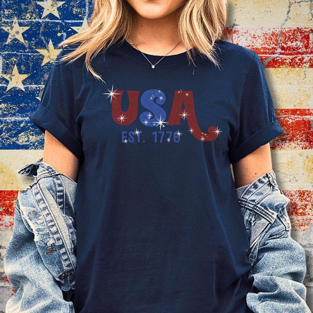USA Est 1776 Rhinestone T-Shirt: Patriotic 4th of July Tee