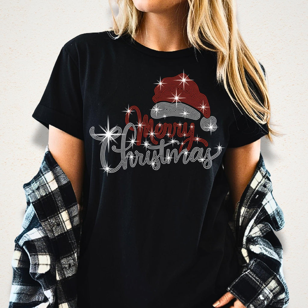 Santa Hat Merry Christmas Rhinestone Shirt: Bling Christmas Party Tee for Women
