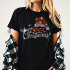Santa Hat Merry Christmas Rhinestone Shirt: Bling Christmas Party Tee for Women