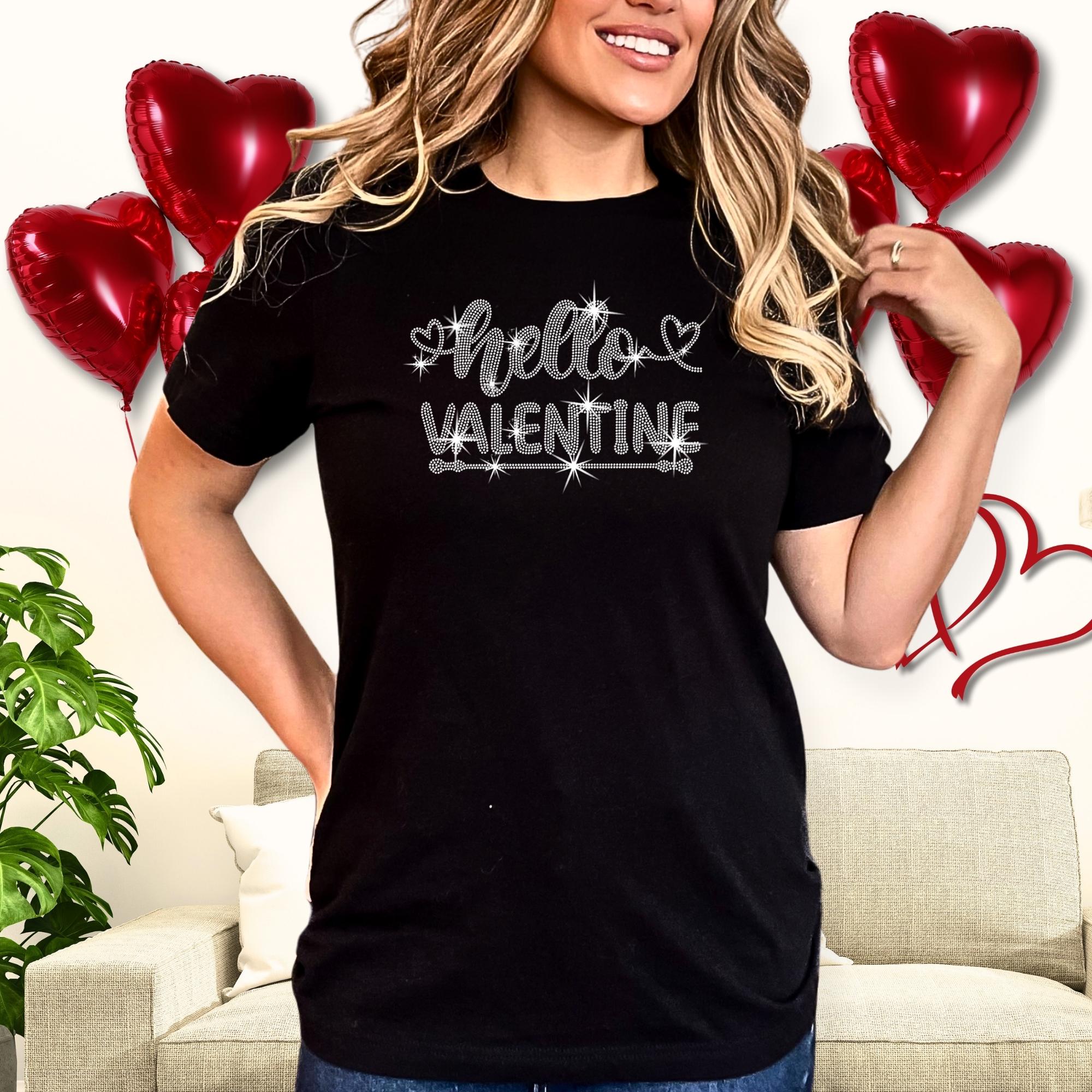 Hello Valentine Rhinestone Shirt: Romantic Lovers Sweatshirt for Her