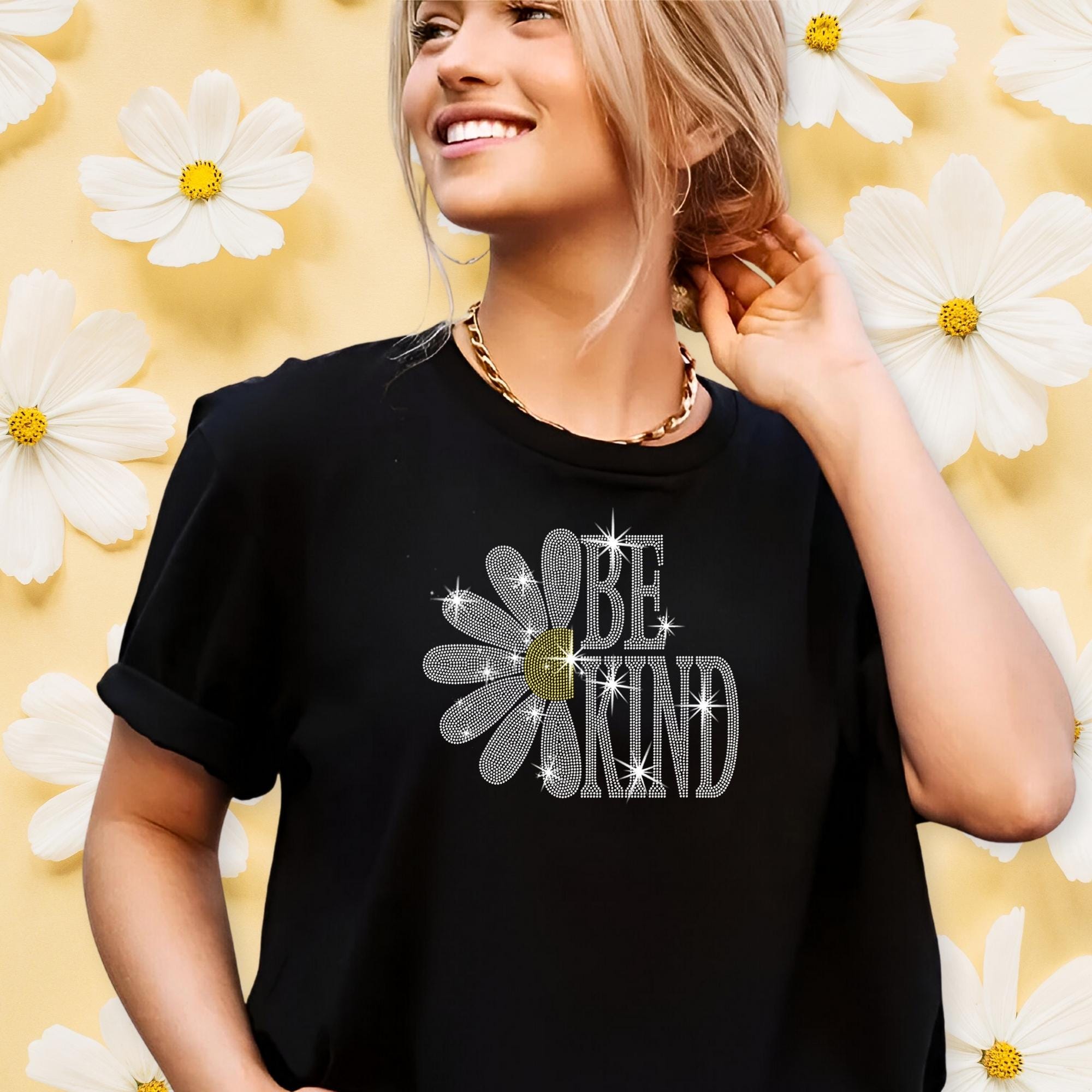 Be Kind with Daisy Rhinestone Shirt: Kind Loved Worthy Outfit Main image