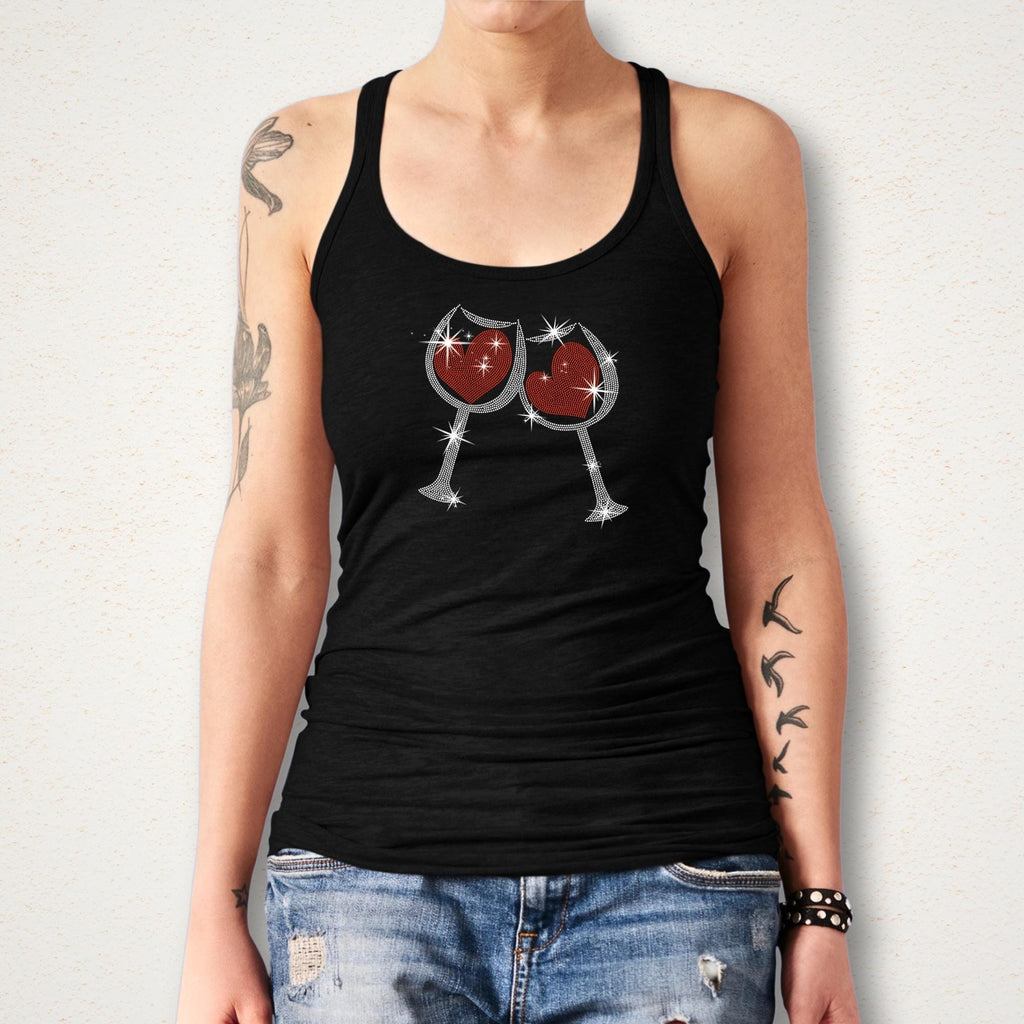 Two Heart in Two Wine Glass Rhinestone Shirt: Special Wine Gift for Valentine's Day