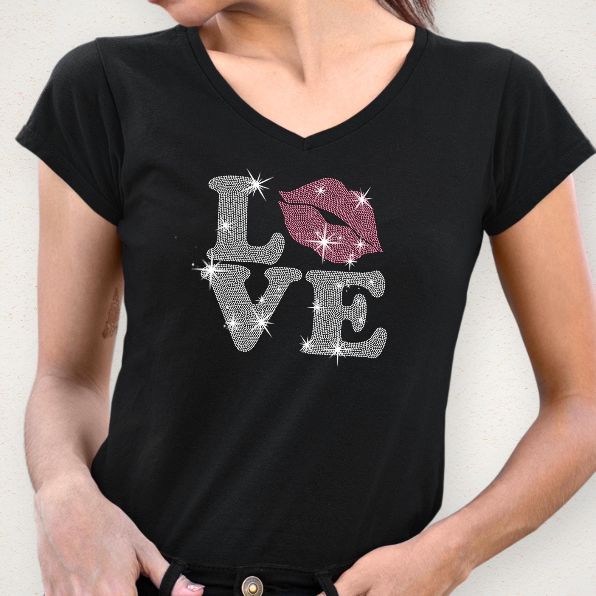Love with Lips Rhinestone Shirt: Retro Trendy Love Tee