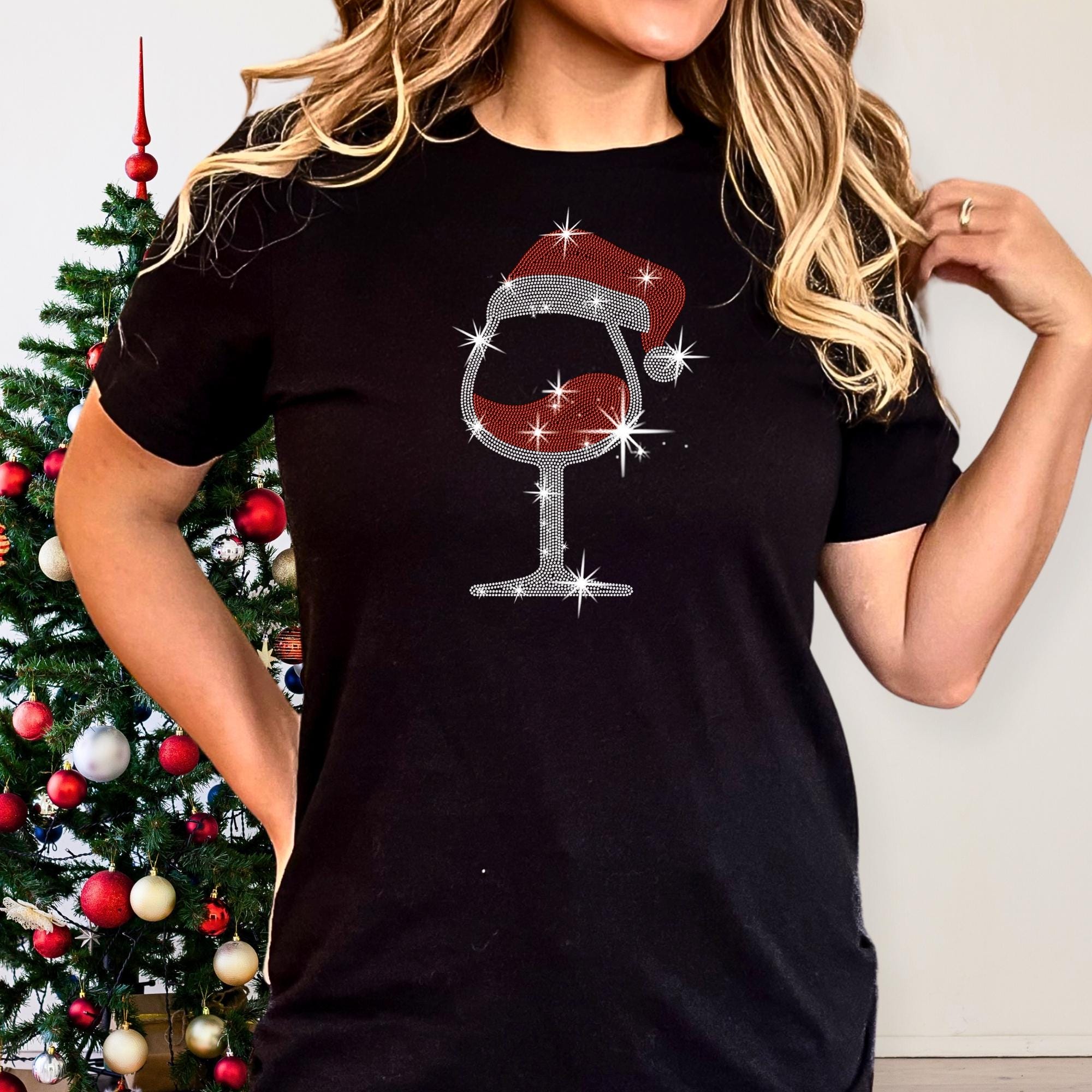 Christmas Wine Glass with Santa Hat Rhinestone Shirt: Drinkers Party Cheers Bling Tee Main image