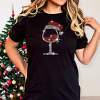 Christmas Wine Glass with Santa Hat Rhinestone Shirt: Drinkers Party Cheers Bling Tee