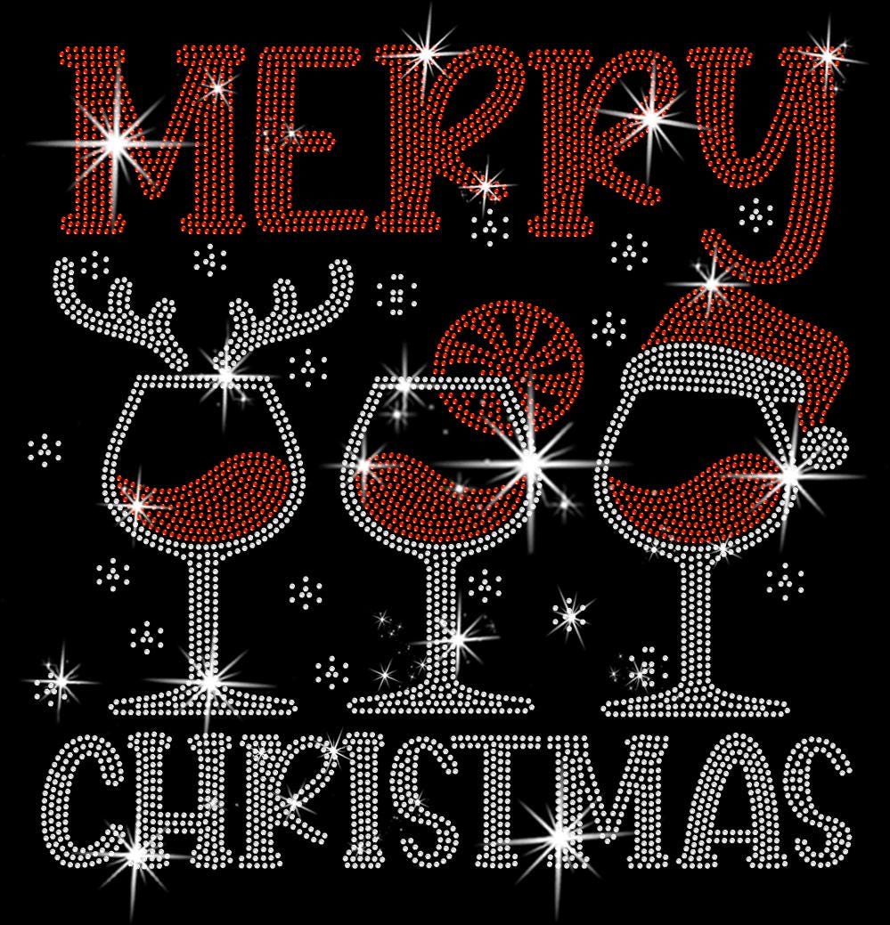 Christmas Wine Glass Rhinestone Shirt: Merry Christmas Santa Hat Tee