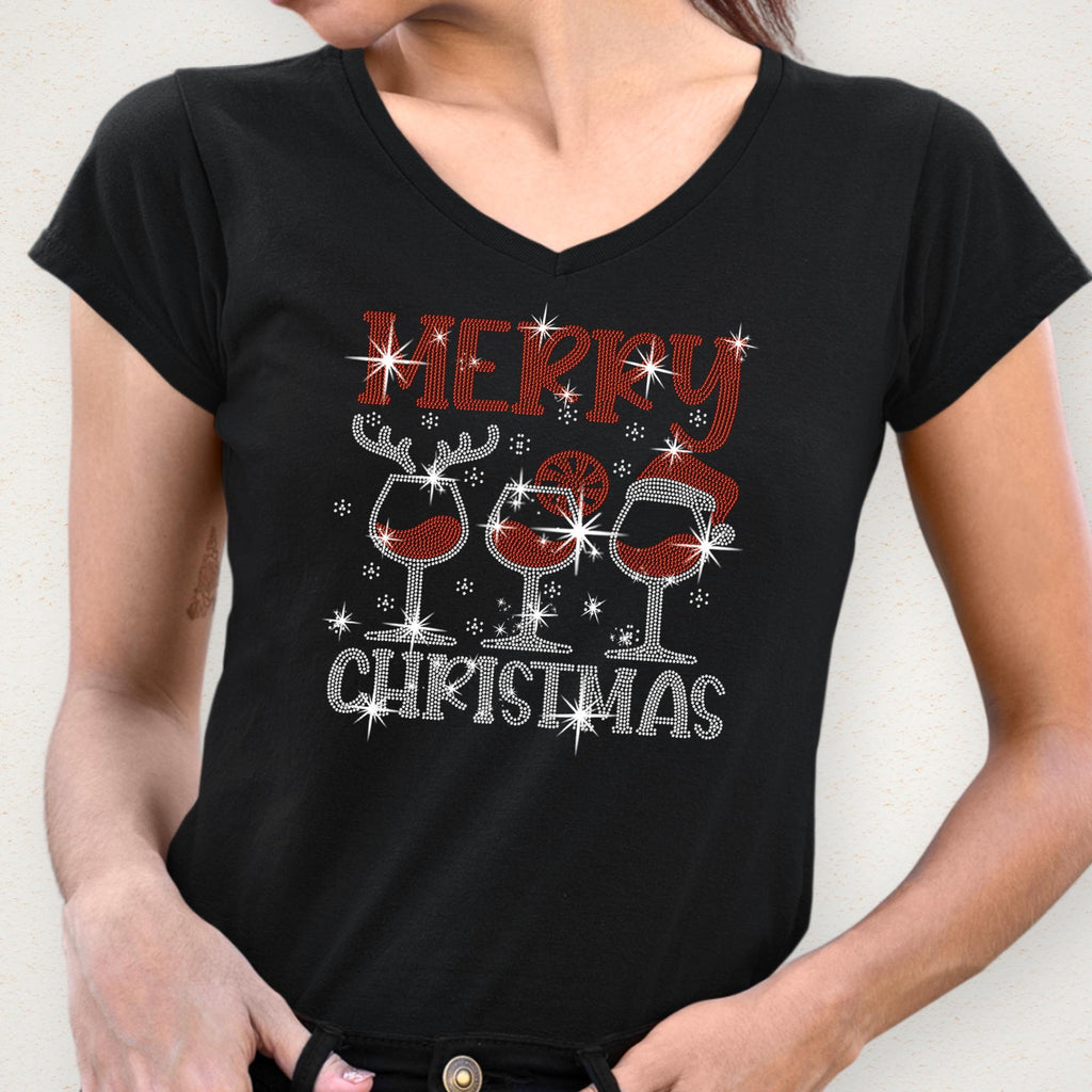 Christmas Wine Glass Rhinestone Shirt: Merry Christmas Santa Hat Tee