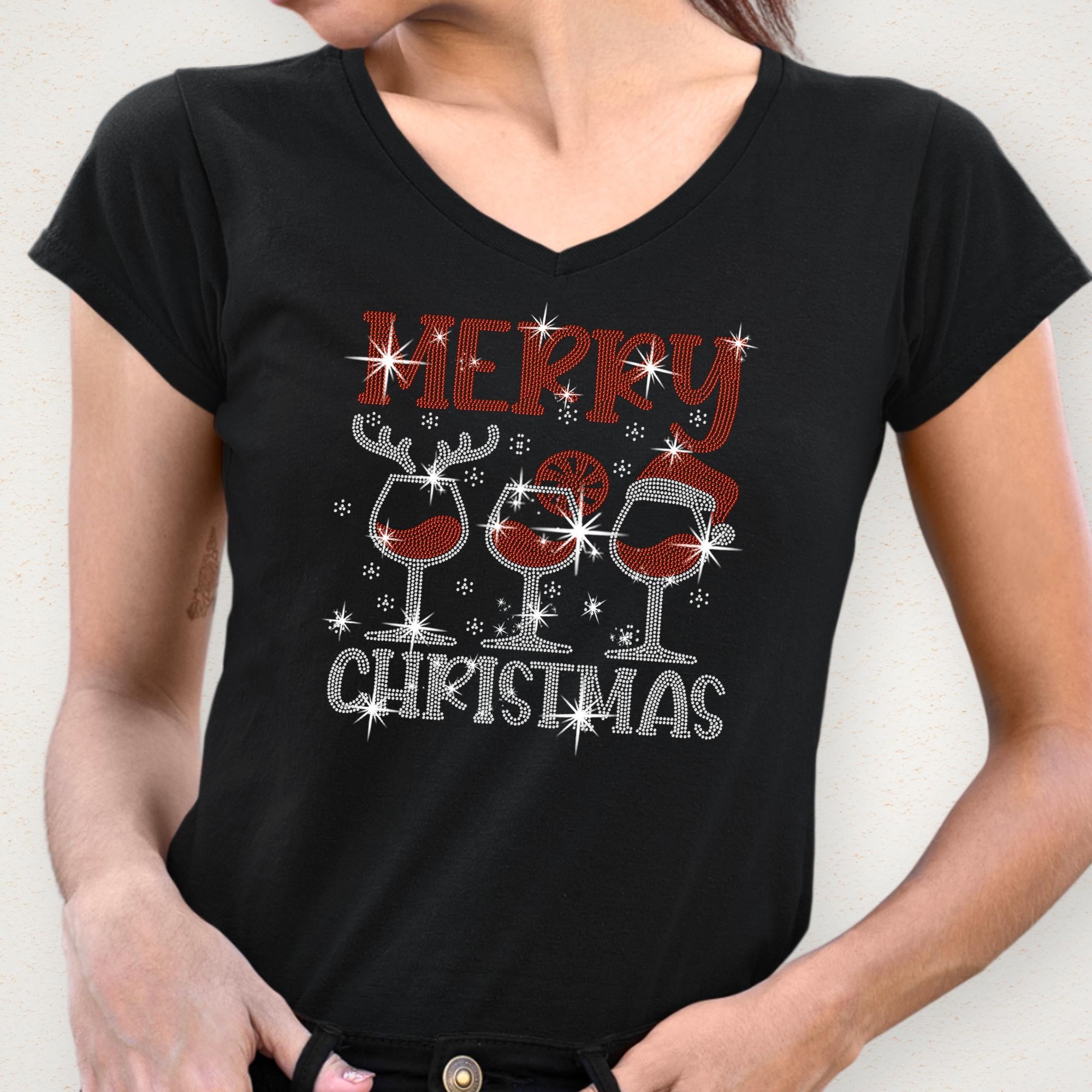Christmas Wine Glass Rhinestone Shirt: Merry Christmas Santa Hat Tee